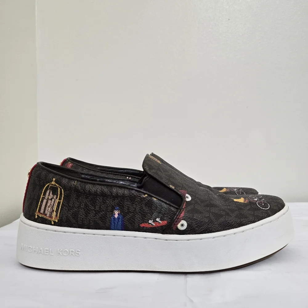 MICHAEL KORS size 7 Jet Set Trent Travel Print Logo Slip On‎ Shoes Brown